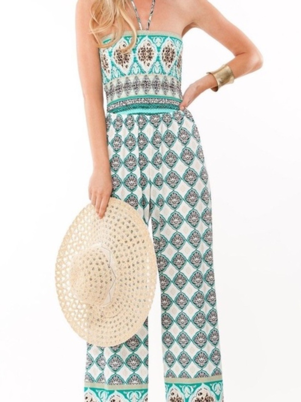Hale Bob Teal, White & Black Printed Wide-Leg Jumpsuit